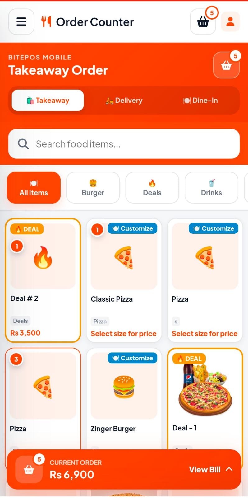 BitePOS Android restaurant order counter