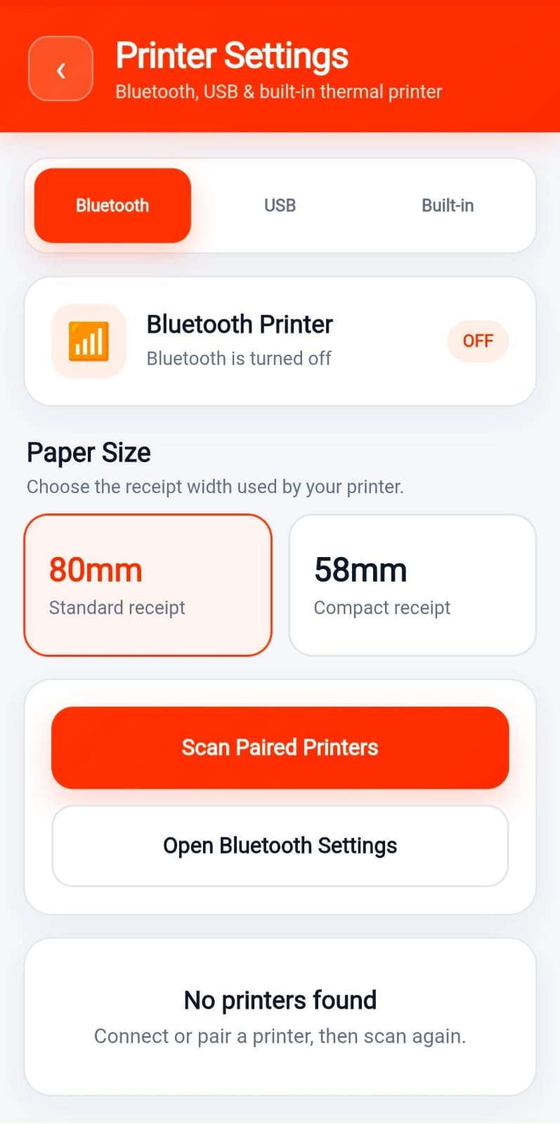BitePOS Android Bluetooth USB and built-in thermal printer settings